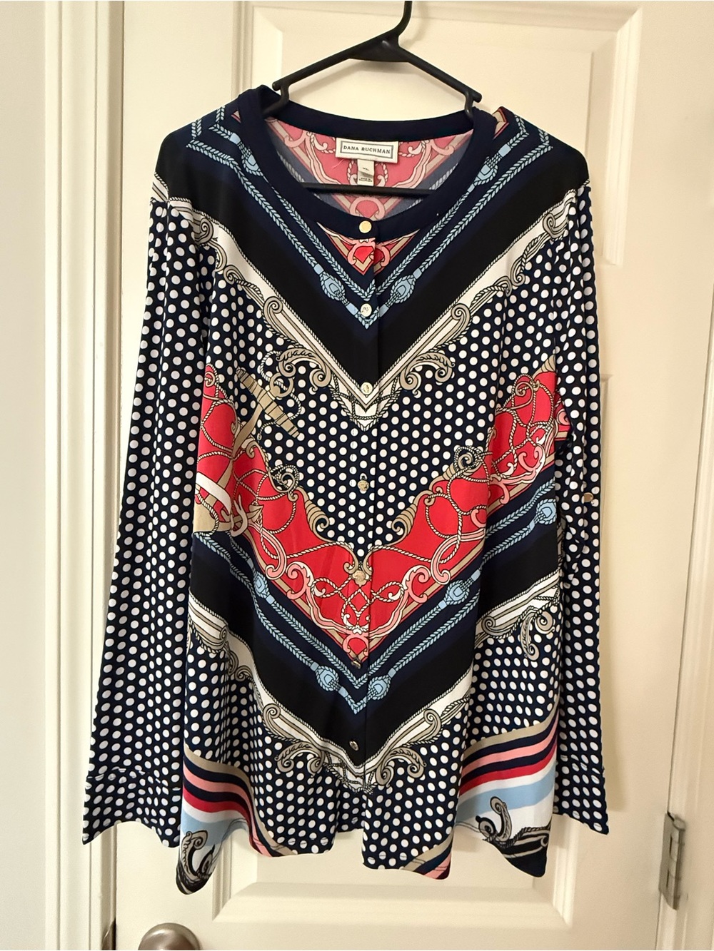 Dana Buchman XL Nautical Polka Dot Button Down Blouse Size XL